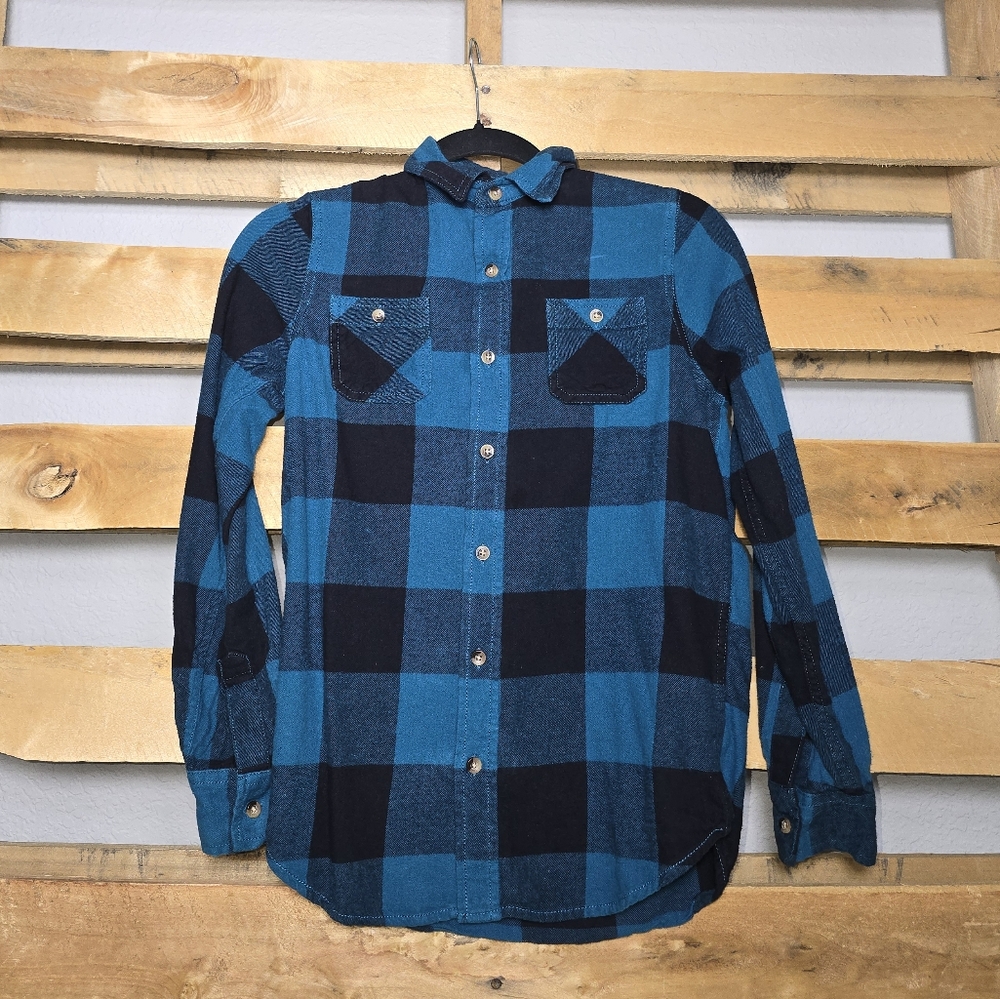 Arizona Jean Company Blue & Black Kids Casual Button Flannel Down Shirt Size:L